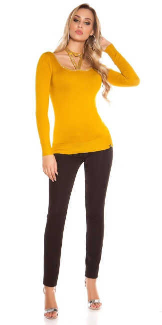 Trendy sweater with neck lacing & rivets Mustard